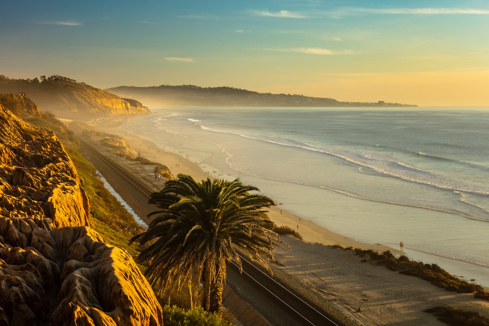 An aerial view of a long stretch of San Diego beach